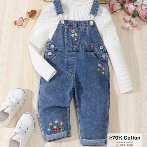 SHEIN Vintaside Kids Baby Girl Popular Daily Fashionable Cute Floral Embroidered Soft Washed Denim Bib Overalls | SHEIN USA