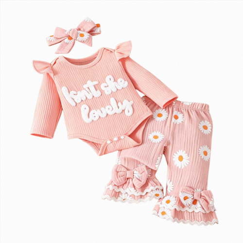 masbird Baby Girl Fall Clothes Rib Knit Ruffle Romper Bell Bottoms Flare Pants Set 3Pcs Infant Cowgirl Outfit,Pink,3-6 M