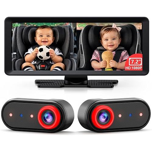 LUCKVIEW BM5PRO 7.2" 1080P HD Baby Car Camera for 2 Kids, Split Screen with IR Night Vision, Easy to Install & Adjust Brightness, Dual Car Camera Baby Monitor for Rear Seat Safety (Red)
