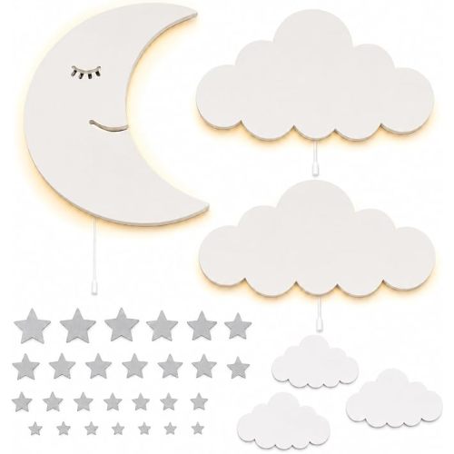 2X Cloud+1 Moon Wall Light, + Silver Star Stickers, Nursery Room Decor Wall Light Set of 3 Wooden Wall Light with LED, 100pcs Silver Star Wall Decals Gift!