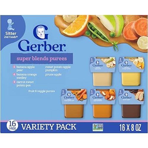Gerber Stage 2 Baby Food, Super Blends Puree Tubs, No Added Colors or Flavors, Baby Puree, Variety 32-Pack