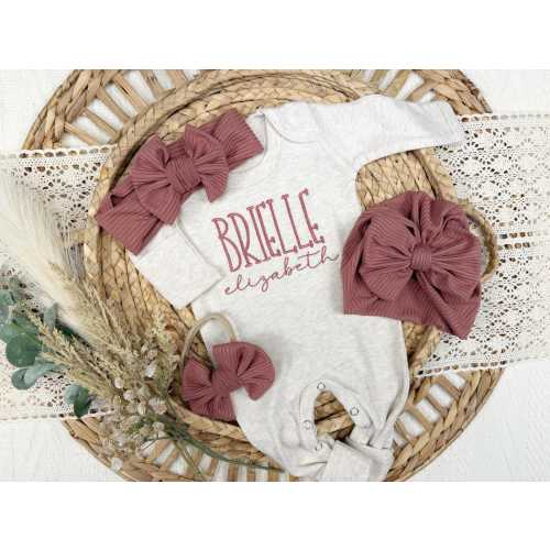 Personalized newborn coming home outfit for baby girl, Custom baby footie, beige
