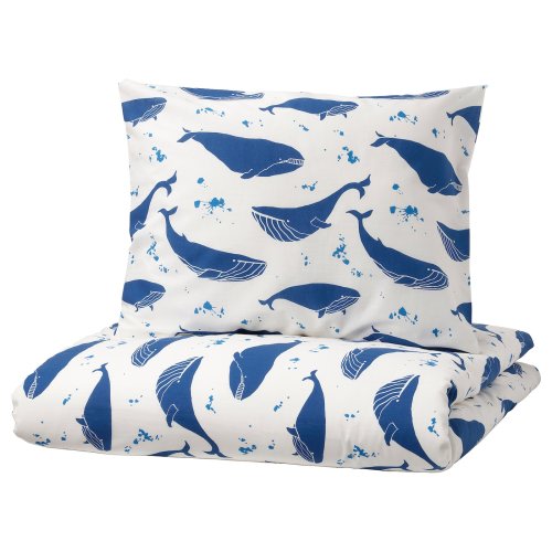 BLÅVINGAD Duvet cover and pillowcase(s) - whale pattern blue/white Twin