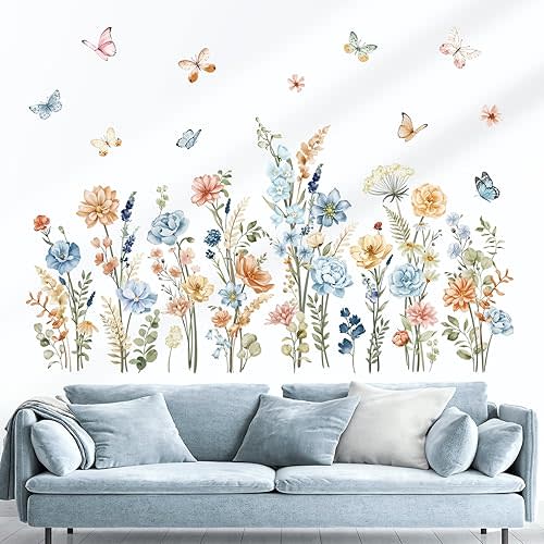 wondever Blue Boho Wildflower Wall Stickers Garden Flowers Grass Peel and Stick Wall Art Decals for Living Room Girls Room Bedroom
