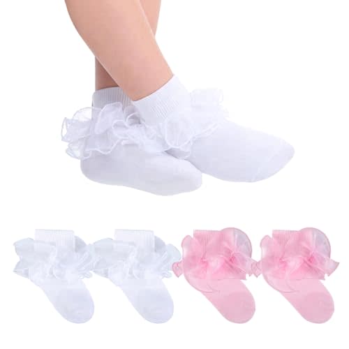 Baby Girls Ruffle Socks 2-Layer Lace Frilly Turn Cuff Fancy Dress Socks for Preemie Newborn Infant Toddler Girl Kids
