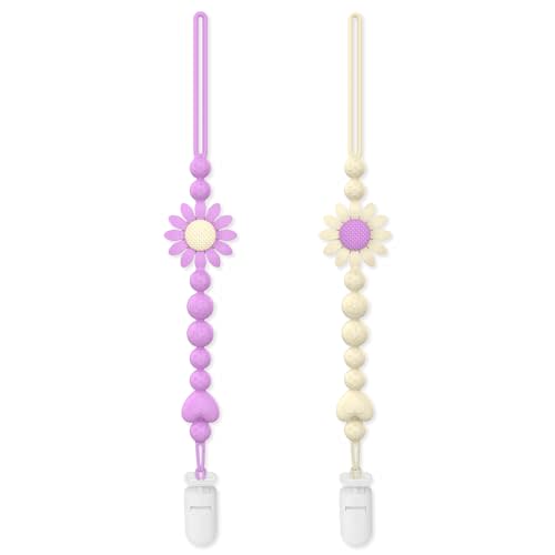 Pacifier Clip, 2 Pack Silicone Pacifier Clip with One Piece Design for Newborn Boys and Girls, Floral Patterns Pacifier Holder Clip Fits for Most Pacifier, Baby Shower and Baby Gift