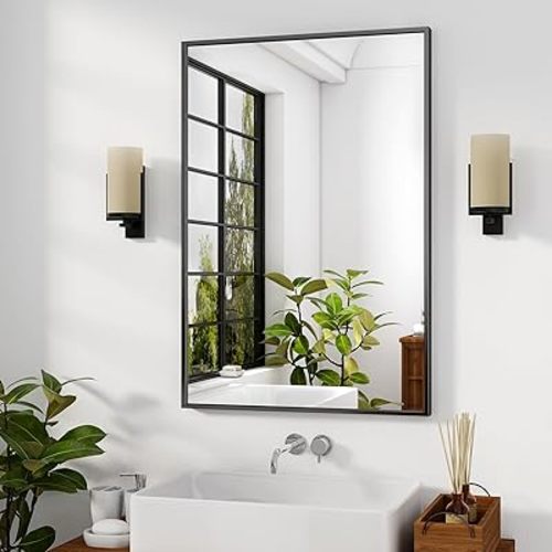 HARRITPURE 28"x20" Bathroom Mirror for Wall, Black Framed Rectangle Mirror Aluminum Alloy Frame Wall-Mounted Horizontally/Vertically for Entryway/Bedroom/Vanity