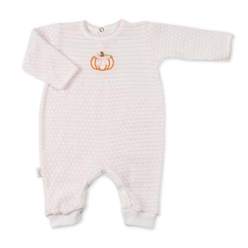 Paty Knit Long Sleeve Pinstripe Romper with Pumpkin Embroidery
