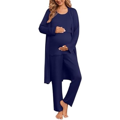 Ekouaer Nursing Pajamas Maternity Robe Set 3 Pieces Postpartum Maternity Pajama Set Pregnancy Breastfeeding Pj