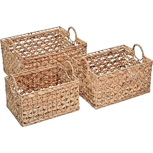 happimess BSK2010A-3SET Quinn Bohemian Cottage Woven Hyacinth Rectangular Wicker Storage Baskets with Handles, Natural (Set of 3), Seagrass Containers for Decoration in Living Room, Bedroom