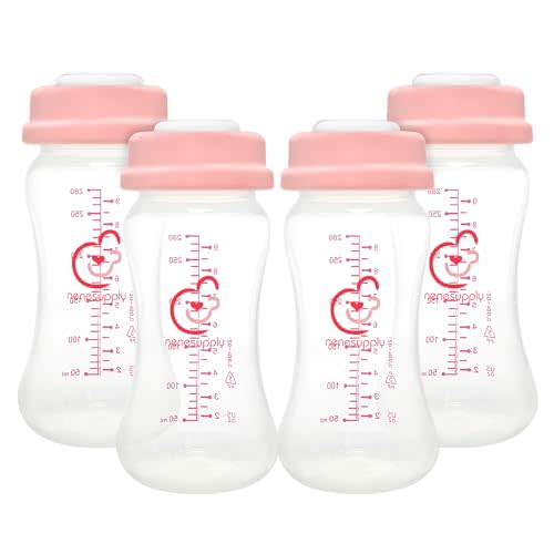 NENESUPPLY Storage Bottles Collection Bottles for Spectra S1 S2 Motif Luna Breast Pumps 4 pc 9oz 280ml with Collar and Sealing Disc. Breastmilk Storage Replace Spectra Bottles for Pumping Wide-Mouth