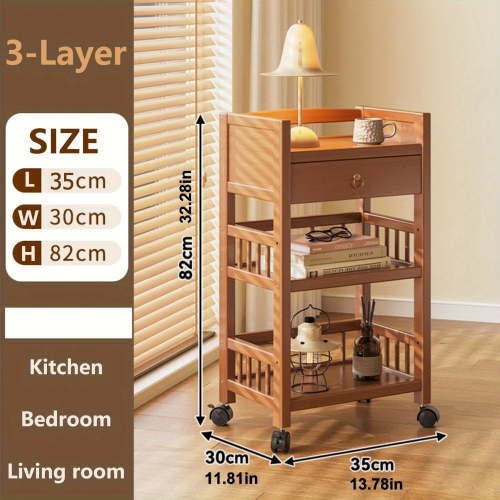 3-Tier Bamboo Rolling Utility Cart with Wheels – Space-Saving Storage Organizer with Drawers & Open Shelves for Kitchen, Bathroom, Living Room