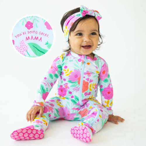 Bamboo Footie Zipper Baby Pajama - Flower Power Floral Bamboo Onesie Sleeper - You're Doing Great Mama Affirmation – Raising Mama