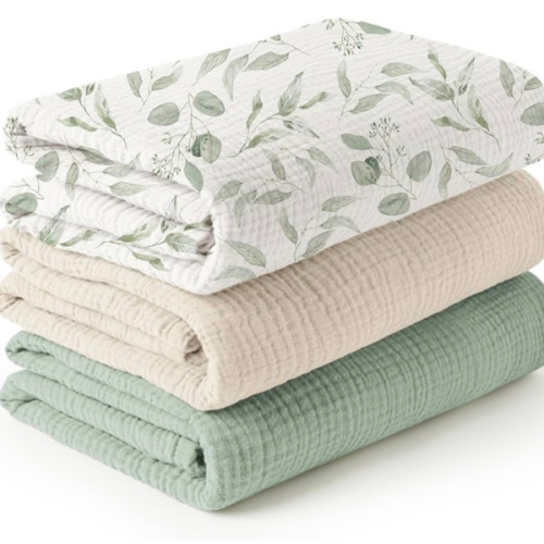 Konssy 3 Pack Muslin Swaddle Blankets - Green Leaves