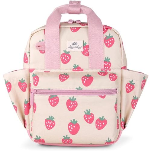 Itzy Ritzy Toddler Backpack - Daycare Bag - Features Adjustable Shoulder Straps, 2 Side Pockets & Spacious Interior with Wipeable Fabric Lining & Name Label, Strawberry Backpack