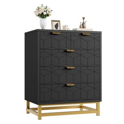 Black Modern Dressers Chest Storage Organizer with Metal Legs, Wide Storage and 5 Drawers for Bedroom, Living Room, Hallway