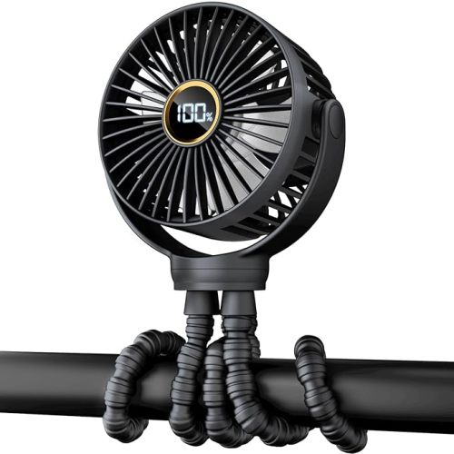 Portable Stroller Mini Fan, Small Rechargeable Personal Fan, Baby Travel Essentials for Wagon, Car Seat, Treadmill, Battery Powered Biking Gear Accessories, 360° Rotation, 3-Speed, Display, Black