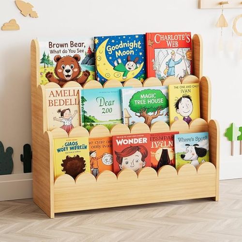 3-Tier Scalloped Bookshelf, Montessori Bookcase for Toddlers, Wooden Book Shelf Organizer Display Furniture for Nursery