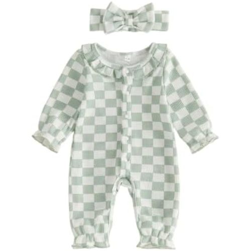 Newborn Baby Girl Clothes Checkered Ruffle Long Sleeve Romper Jumpsuit