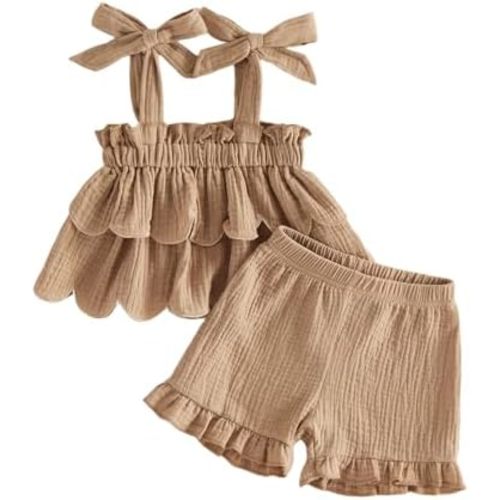 BeQeuewll Toddler Baby Girl Clothes Summer Linen Outfit Sleeveless Tie Up Tank Tops+Ruffled Shorts Little Girls 2 Pieces