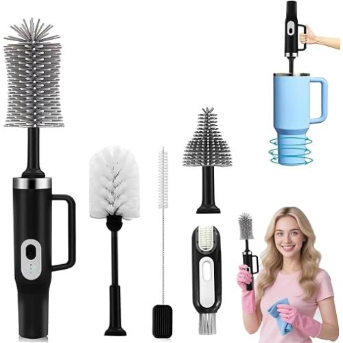 5 in 1 Electric Bottle Brush Cleaner Compatible Stanley Bottle Brush Straw Cleaner Multifunction Rechargeable IPX6 Waterproof Extra Long Design for Stanley Cup, Sports Bottle and More (Black)