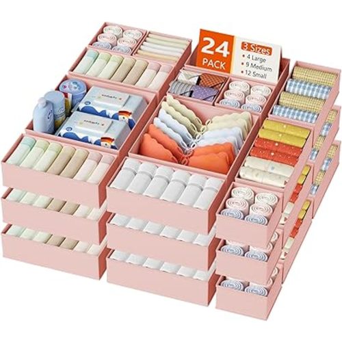 DIMJ Drawer Organizer Clothes, 24 Pack Dresser Organizer, Foldable Closet Organizers and Storage, Fabric Dresser Bins, Drawer Dividers for Nursery, Baby Clothes, Underwears, Sock (Pink)