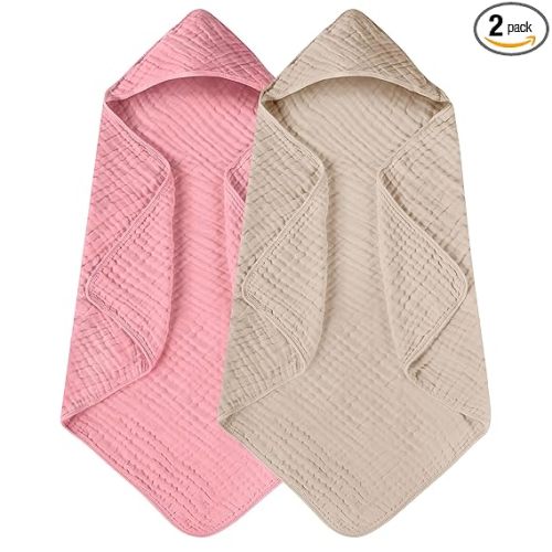 Yoofoss Hooded Baby Towels for Newborn 2 Pack 100% Muslin Organic Cotton Baby Bath Towel with Hood for Babies, Infant, Toddler and Kids, 32x32Inch, Soft and Absorbent Newborn Essential,Bge& Bean Paste