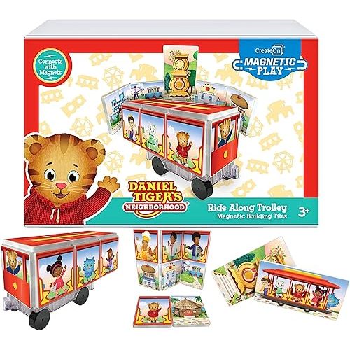 CreateOn Daniel Tiger’s Neighborhood: Neighborhood Trolley Magnetic Tiles Structure Set, Building Toys for Kids, Educational Stem & Montessori Tools for Ages 3+, 15 Pieces