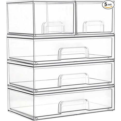 Clear Stackable Storage Drawers Set of 5, Plastic Organizer Bins for Makeup, Cosmetics, Beauty Supplies,Ideal for Vanity, Bathroom,Cabinet,Pantry Organization