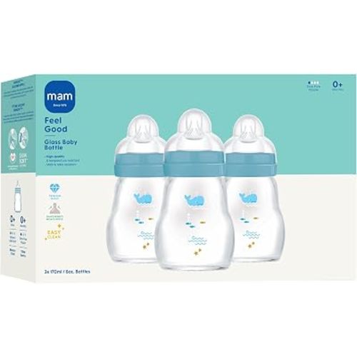 MAM 6oz Pure Glass Feel Good Anti-Colic 0+ Months Baby Bottle, 3 Pk, Unisex