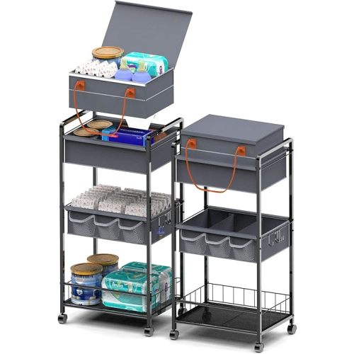 2In1 Baby Diaper Caddy-3 Tier Metal Rolling Utility Cart Detachable Bedside Cart, With Dividers & Removable Diaper Caddy for Car Organizer and Nursery Storage Bin, Bedroom, Changing Table & Crib