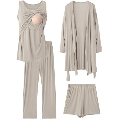 Rnxrbb 4 PCS Nursing Pajamas Robe Set Postpartum Pajama Gown Breastfeeding Pj for Hospital Labor Delivery