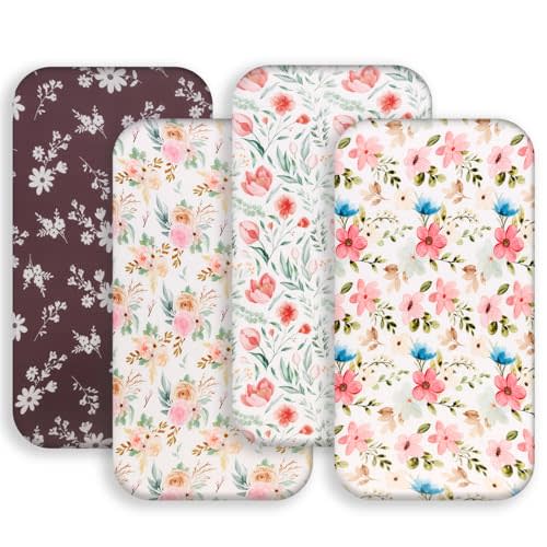4 Pack Baby Girl Bassinet Sheets Set Soft Fitted Floral or Elephant Theme Baby Girl Mattress Covers Breathable Toddler Bed Sheets for Infant or Newborn Girls (Flower, Bassinet Sheets)