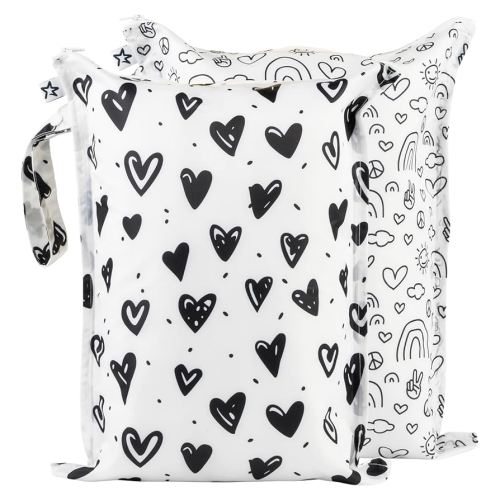 Tiny Twinkle Mess-Proof Waterproof Wet Dry Bag | 2-Pack Reusable Wet Bags for Swimsuits & Baby Clothes | Leakproof Wet Bag for Travel & Diaper Changes for Baby (Black, White)