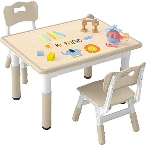 DOREROOM Kids Table and 2 Chairs Set, Height-Adjustable Toddler Table and Chair Set with Graffiti Desktop, 31.5''L x 23.6''W Children Activity Table for Daycare, Classroom, Home