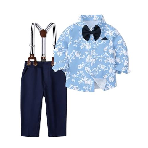 SANGTREE Baby Suits for Boys Gentleman Wedding Outfits Long Sleeve Dress Shirt Suspender Pants Bowtie Boy Clothes Set, 1-6T