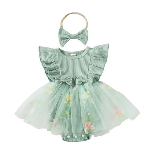 Staki Baby Flower Girl Dress Baby Girl Clothes Infant Romper Ruffle Sleeveless Bodysuit Baby Girl Outfits Infant Girl Dress 0-24M(Green,12-18 Months)