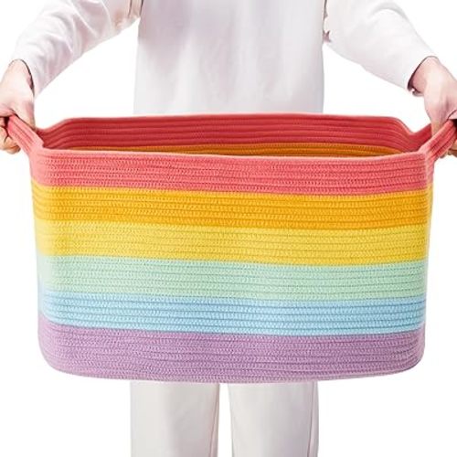 75L Extra Large Rainbow Cotton Rope Storage Basket for Blanket Toy Box for Girls Woven Rectangle Basket for Baby Kids Nursery Clothes Laundry Toy Storage in Living Room Bedroom