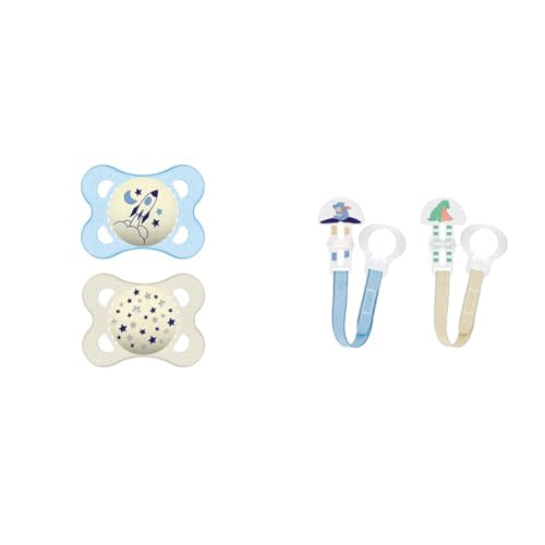 MAM Night Pacifiers 0-6 Months, Best for Breastfed Babies, Glow in The Dark, Baby Boy, 2 Count & 2 Clips for Pacifiers with Fasteners and Flexible Rings for Boys, Designs May Vary
