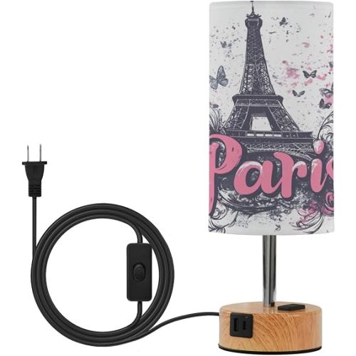 Small Lamp Nightstand Lamp with Fabric Lampshade Bulbs Included for Nursery Paris Handy Drawn（1）