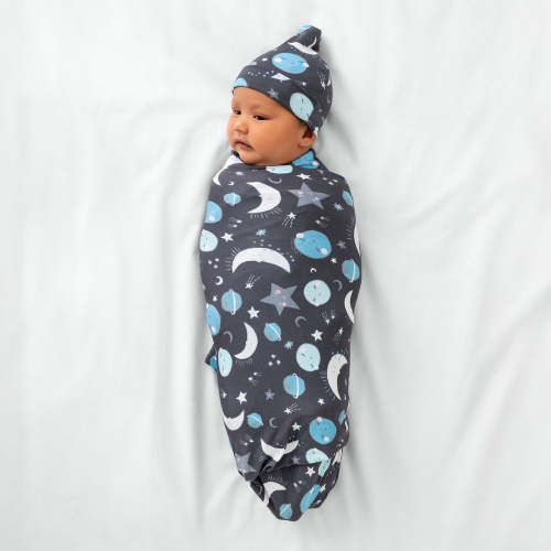 Blue To The Moon & Back Swaddle & Hat Set - Little Sleepies