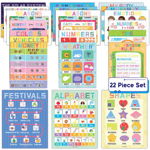 LumiKidz 22 Pack Preschool Educational Posters for Classroom Decor, Laminated Toddler Learning Wall Charts with Alphabet, Numbers, Shapes, Weather, Seasons, Kindergarten Homeschool Supplies