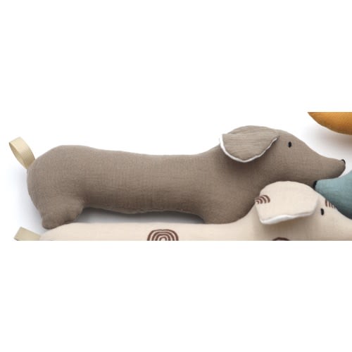 Dachshund Baby Rattle – Handmade Double Gauze Sensory Toy – Newborn Gift – Soft Puppy Rattle for Baby Shower