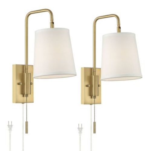 360 Lighting Luca Swing Arm Wall Lamps Set of 2 Warm Brass Metal Plug-in Light Fixture White Fabric Shade for Bedroom Bedside Living Room Reading Home