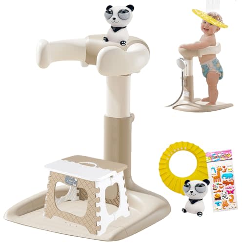 Baby Shower Stand, Sit & Stand Bath Support for Toddlers | 10 level height & armrest adj,Foldable seat,Large anti-slip base,For bathing,hair washing,wiping & diaper changes