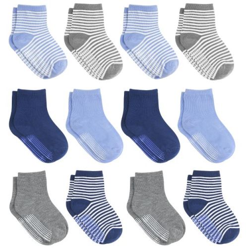 Debra Weitzner Toddler Non-Slip Socks with Grips for Boys & Girls – 12 Pairs 6M-12M Boys Solid+Stripe