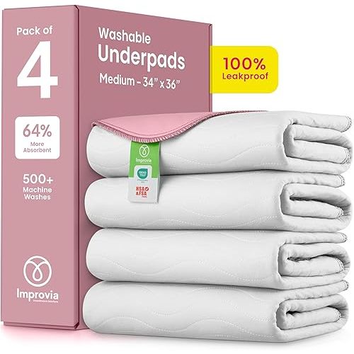 IMPROVIA® Washable Underpads, Heavy Absorbency Reusable Incontinence Pads for Kids, Adults, Elderly, and Pets - Waterproof Protection Floor White & Pink (4 Pack - 34x36)