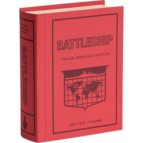 WS Game Company Battleship Vintage Bookshelf Edition Naval War Game Fabric-Wrapped Book Box, Folding Battle Cases, Vintage Display Board Games for 2 Players, Ages 7+