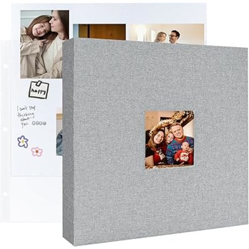 3 Ring Binder 12x12 Inch Large Scrapbook Photo Album, Linen Cover Scrap Book with 30 Plastic Sleeves 60 Pages 12 x 12 Scrapbooks White Pages for Wedding Couples Baby Travel Mothers Day Gifts Grey