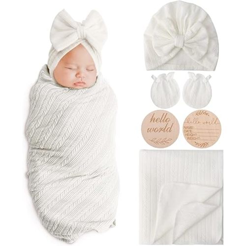 Newborn Receiving Blanket with Bow Hat Mittens Wooden Card Set Wheat-Pattern Newborns Toddler Baby Boy Girl Nursery Swaddle Wrap